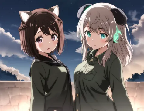 two anime girls with cat ears and green eyes standing next to each other