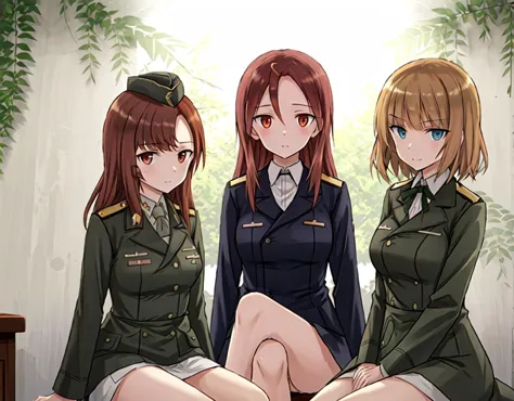 three girls in uniform sitting on a bed with a plant in the background