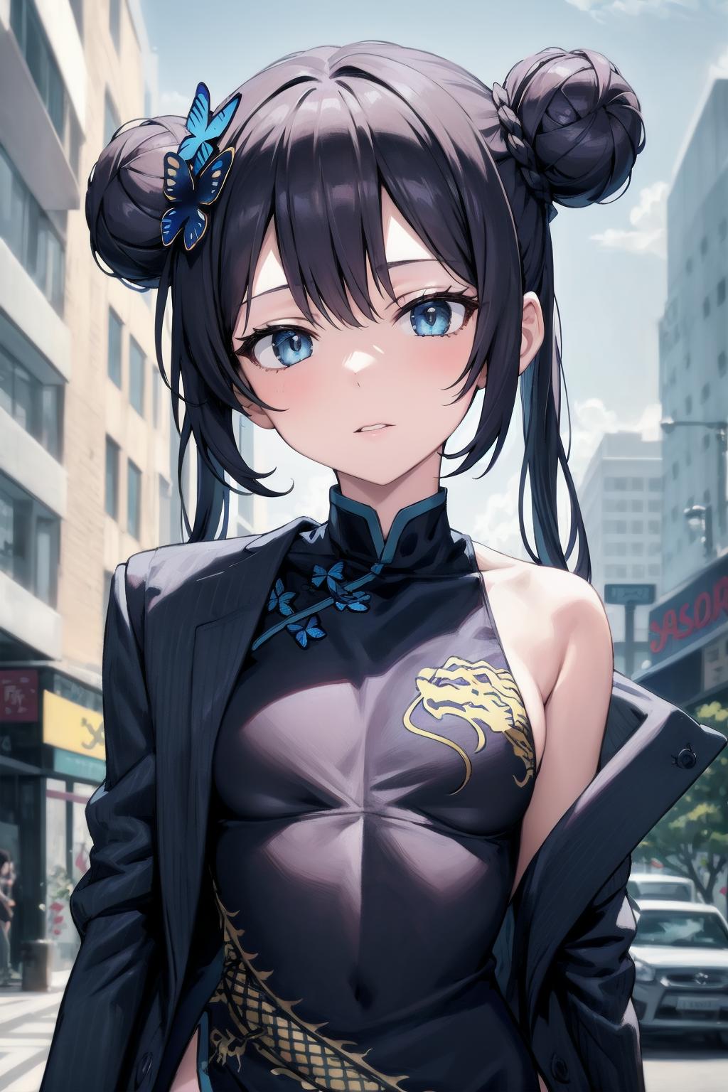 Anime girl with blue eyes and a black top and a blue bow tie（kisaki (blue  archive)) - SeaArt AI