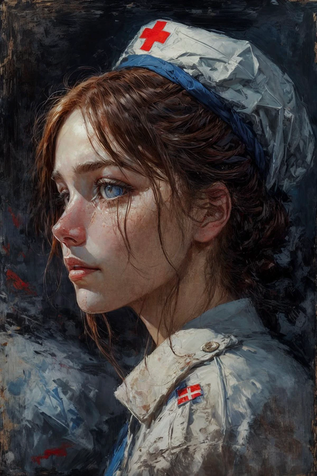 In the midst of the harrowing landscapes of World War I, a field hospital stands as an oasis of compassion amid the chaos of conflict. The scene is painted in the style of Hans Larwin, capturing the raw emotion and vivid details of this pivotal moment in history.
A young nurse, a beacon of hope amidst the darkness of war. Her (slim and slender) figure is enveloped in the traditional uniform of her profession, a stark contrast to the rugged and worn surroundings. Her (auburn hair) peeks out from under her nurse's cap, framing her (delicate face) with an expression of steadfast determination.
The intensity of the moment is palpable in her (gentle blue eyes), which radiate a mix of compassion and resilience as she treats the soldier's injuries. Her (soft lips) convey a sense of reassurance in (warm smile), her presence a source of comfort for those who bear the scars of battle.
The field hospital, nestled in the heart of the war-torn landscape, is a testament to the indomitable spirit of those who offer solace amid the ravages of war. The camera captures the intricate details of the makeshift medical station, from the meticulous arrangements of medical supplies to the dim light filtering through the canvas walls.
Larwin's distinctive brushwork brings to life the textures of the nurse's uniform, the soldier's worn clothing, and the rough canvas cots that serve as beds. The interplay of light and shadow heightens the emotional depth of the scene, with the soft glow of lanterns casting a warm and comforting ambiance amidst the darkness.
As the nurse tends to the soldier, a sense of camaraderie and shared humanity emergesâthe unbreakable bond that forms between those who face the horrors of war together. The authenticity of the moment is captured through the rich layers of detail and the evocative use of color, each stroke of the brush revealing the depth of their connection.
In this scene, Larwin's artistic touch transcends the physicality of the image, reaching into the emotional core of the human experience. The camera's lens captures not just the act of medical care, but the profound impact of compassion and empathy in the midst of the tumultuous backdrop of World War I. 