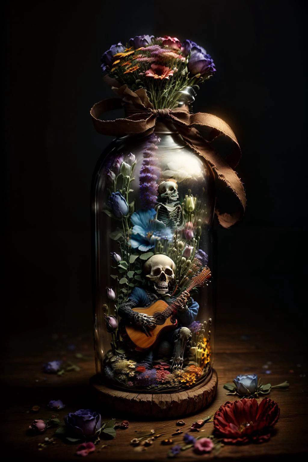 (Obra maestra, mejor calidad, Ultra detallado), Esqueleto tocando la guitarra, huesos de alto detalle, Cintas, (flores:1.3), vistoso, tarro grande, tarro decorado, campo de flores,