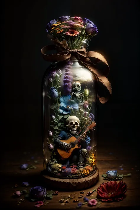 (masterpiece, best quality, ultra detailed), skeleton playing guitar, high detail bones, ribbons, (flowers:1.3), colorful, big j...