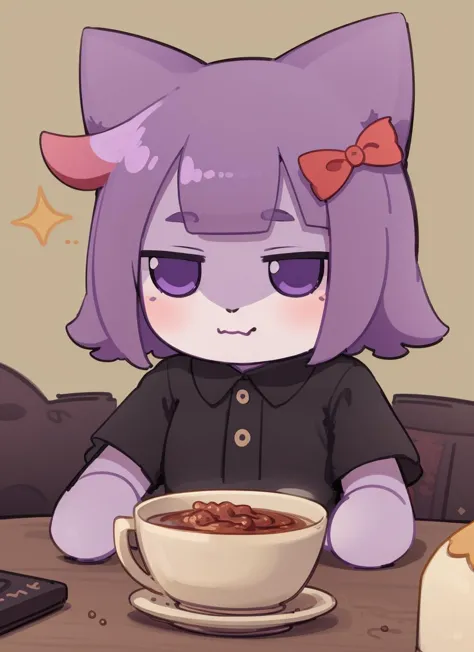 anime girl with purple hair and purple eyes sitting at a table with a bowl of cereal