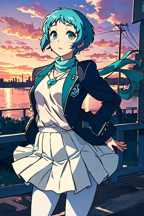 <lora:yamagishi fuuka:0.9> yamagishi fuuka, school uniform, skirt, white pantyhose, jewelry, necklace, aqua eyes, spring, jacket...