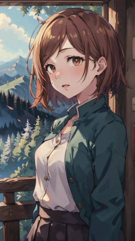 kugisaki-nobara, 1girl, masterpiece, best quality, forest mountain <hypernet:myhands_22k:0.75> <lora:kugisaki-nobara-lora:0.75>