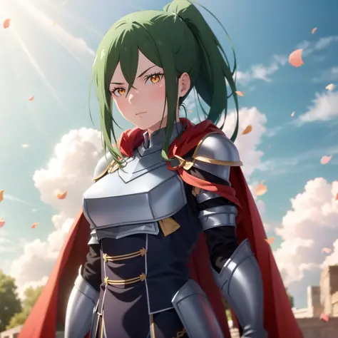 masterpiece,best quality,anime,(2d:1.5),
<lora:CruschNai:1>,
1girl, solo,green hair, red cape, yellow eyes, long hair,sky, ponytail, cape, looking at viewer, day, cloud, hair between eyes, outdoors, pants, breasts, gloves, blue sky, armor, gauntlets, close...