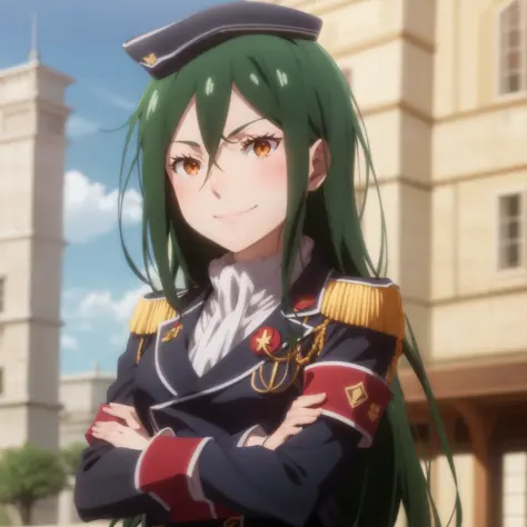 masterpiece,best quality,anime,2d,
<lora:CruschNai:1>,
1girl,solo,upper body,green hair,hair between eyes, long hair,orange eyes, blush,blue military uniform, crossed arms, portrait, smile,fantasy,fantasy city,tomboy, military hat, leaning back,