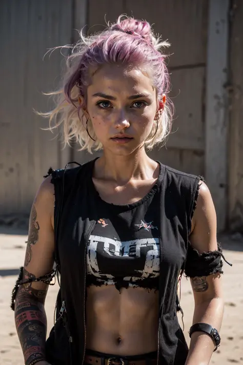 1girl, standing,adult, slender,  buzz cut, punk girl, mad max,(disheveled clothes:1.4),