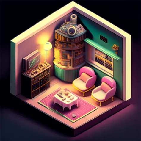 a dark photo of the Isometric_Dreams, a pink dollhouse with a bed and a desk and a window and a clock on the wall and a window