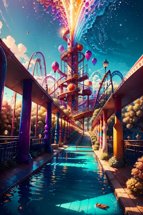 a colorful image of a roller coaster ride going through a park