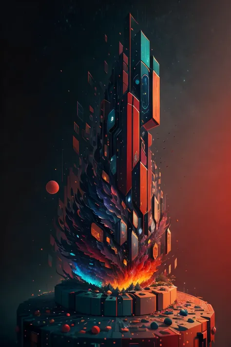 a digital illustration of a futuristic city with a fire and a building