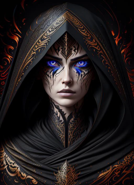 masterpiece, calligraphy art, calligraphy, modern art, brush strokes, intricate dark, shadowy portrait of a woman rogue in a hooded cloak, close up, natural skin, surreal, fashion photography, abstract, absurd resolution flame_surge_style