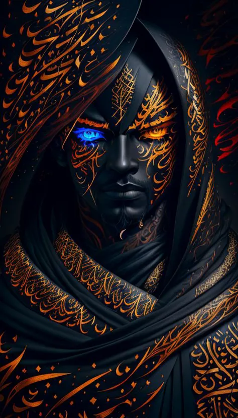 masterpiece, (calligraphy:1.46) art, (calligraphy:1.46), modern art, brush strokes, intricate dark, shadowy portrait of a male wizard in a hooded flaming cloak, close up, black and gold skin, surreal, fashion photography, abstract, absurd resolution  flame_surge_style <lora:Calligraphy art:0.7>