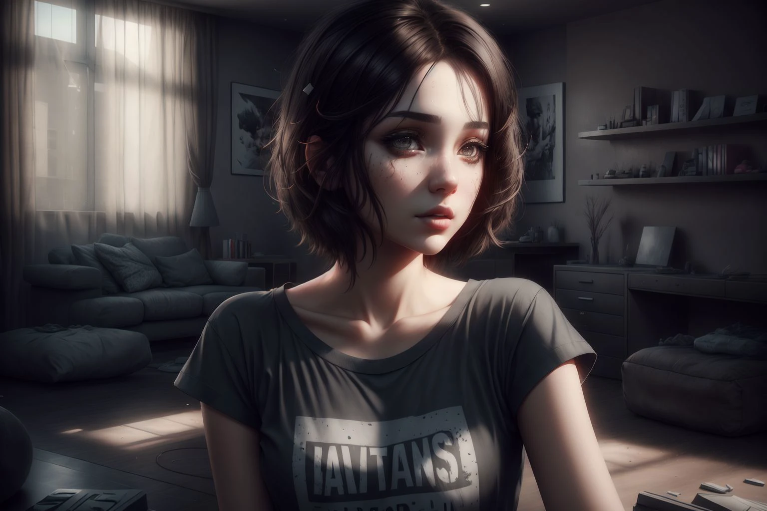 beautiful, pretty brunette, short hairs, 
(eye shadow:0.25),
tee shirt,
living room, 
3d, realistic, daylight, vibrant color, skin textured, ssao, high resolution, high quality
