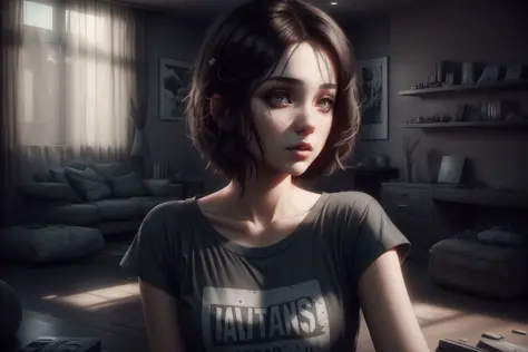 beautiful, pretty brunette, short hairs, 
(eye shadow:0.25),
tee shirt,
living room, 
3d, realistic, daylight, vibrant color, sk...