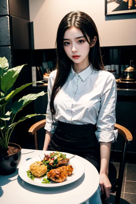 1girl, a woman in white shirt sitting at a table with a plate of food in front of her and a potted plant in the background, bian...