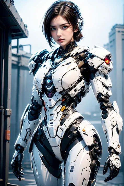 AgainCyberpunk, 1girl, solo, science fiction, helmet, breasts, looking at viewer, armor, lips, power armor, medium breasts, white background, android, short hair, robot joints, standing, simple background, cowboy shot, joints, brown hair, arms at sides, signature, realistic, blue eyes, brown eyes, robot, (Street Background), <lora:AgainCyberpunkArmor:0.6>