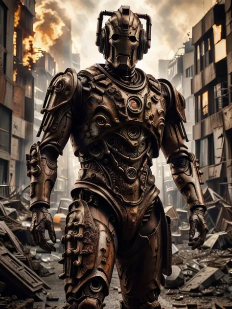 running cyberman, He held out one hand, (best quality:1.5), (correct hands, correct fingers, perfectly drawn hands), black eyes, correct proportions, far shot, full body showing, epic ruined city street scenery, flame explosion at background, rusted metal, detailed rust texture, horror apocalyptical style, <lora:furthermoreV9:0.3>, <lora:zoom_slider_v1:-1> <lora:Cyberman:0.8> cyberman, modern cyberman, <lora:mdfz:0.3> <lora:Modelaging_last:0.3> <lora:ruinedarchi:0.1> <lora:Cyberpunk03:0.8> artwork <lora:Clothing - Rusty Armor:0.3> rusty4rmor, rusty, torn clothes <lora:epi_noiseoffset2:0.8>