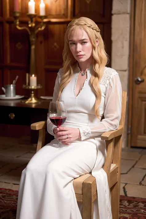 lenaheadey,a woman with long blonde hair, queen, dress, drinking wine,( castle, greece:0.7), <lora:lenaheadey-000006:0.8>