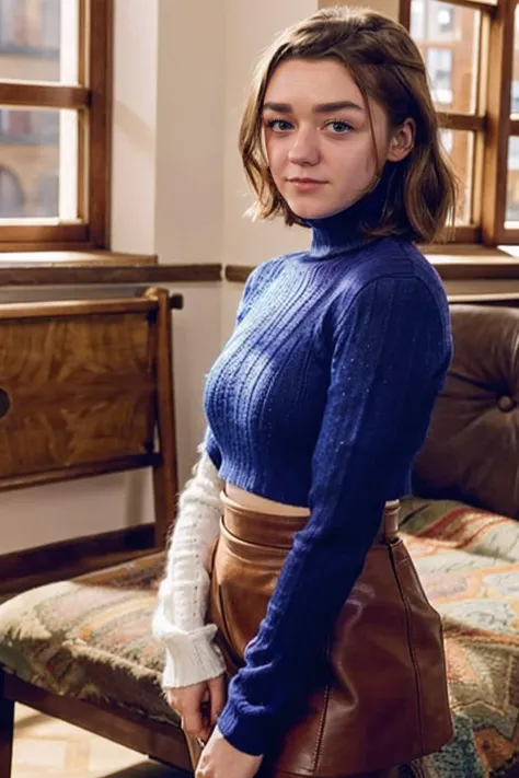 arafed woman in a blue sweater and brown skirt posing for a picture