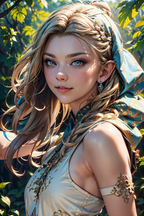 a beautiful enchanting woman elf (<lora:nataliedormer-000008:0.8> nataliedormer)  posing in the woods, detailed flowing long hair, woman, soft cloth, detailed embroidery, silk outfit and hood (style-paintmagic), perfect skin, highly insanely detailed, masterpiece, top quality, best quality, highres, 8k, RAW photo, detailed face,detailed eyes, realistic, slight sexy grin, facing random direction