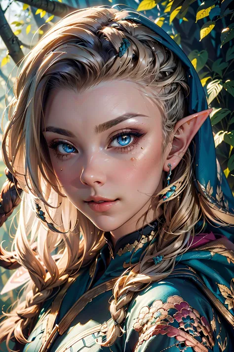 a beautiful enchanting woman elf (<lora:nataliedormer-000008:0.8> nataliedormer)  posing in the woods, detailed flowing long hair, woman, soft cloth, detailed embroidery, silk outfit and hood (style-paintmagic), perfect skin, highly insanely detailed, masterpiece, top quality, best quality, highres, 8k, RAW photo, detailed face,detailed eyes, realistic, slight sexy grin, facing random direction