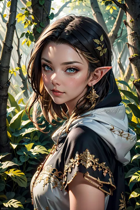 a beautiful enchanting woman elf (<lora:nataliedormer-000008:0.8> nataliedormer) posing in the woods, detailed long flowing blac...