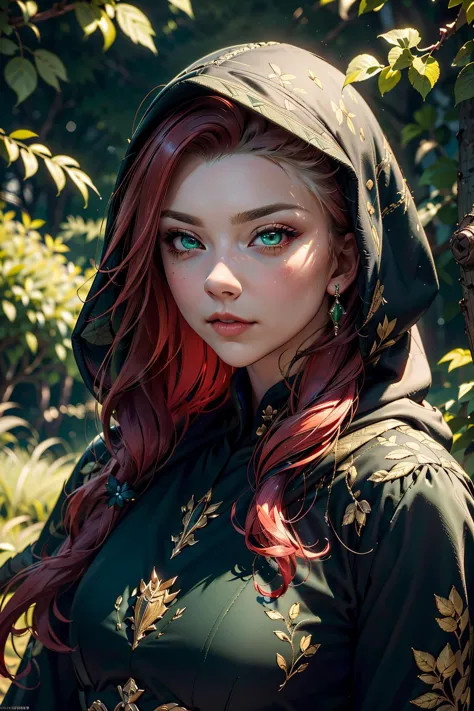 a beautiful enchanting woman (<lora:nataliedormer-000008:0.8> nataliedormer)  posing in the woods, detailed flowing long red hair, woman, black cloth, detailed bright green embroidery, outfit, and, hood, perfect skin, highly insanely detailed, masterpiece, top quality, best quality, highres, 8k, RAW photo, detailed face, detailed crystal green eyes, realistic,