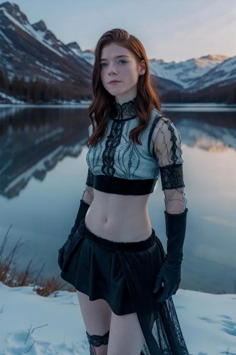 r0seleslie,Una mujer con un top de encaje de piel medieval y una falda de terciopelo., tranquil lake, nieve, (chiaroscuro:0.5) 