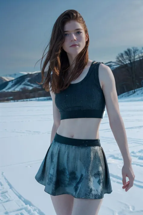 r0seleslie,a woman wearing tank top and skirt, snowy landscape, (fill lighting:0.5) <lora:r0seleslie:1>