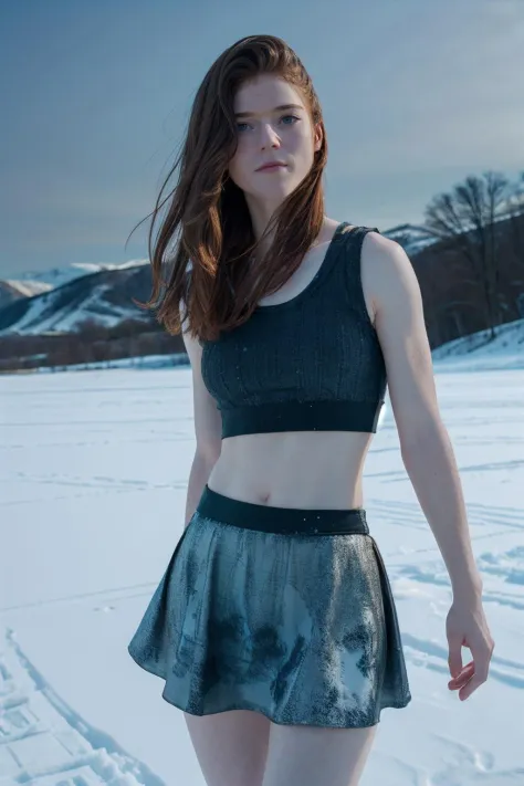 r0seleslie,a woman wearing tank top and skirt, snowy landscape, (fill lighting:0.5) 