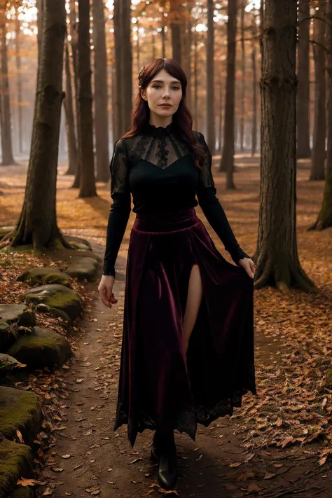 caricevh,a woman wearing lace top and velvet skirt, autumn forest, (low key lighting:0.5) <lora:caricevh:0.9>