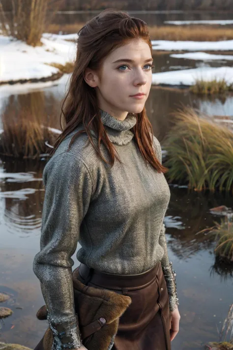 r0seleslie,a woman wearing medieval fur turtleneck and pencil skirt, lush wetlands, snow, (natural lighting:0.5) <lora:r0selesli...
