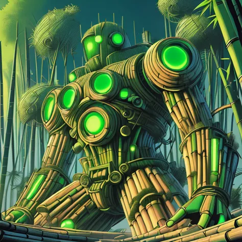 a close up of a robot standing in a bamboo forest