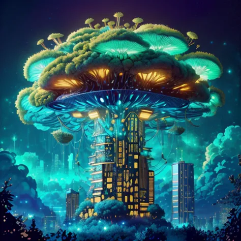 a painting of a mushroom - like structure in the middle of a city