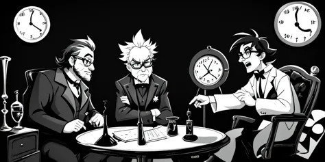 two old mad scientists arguing, with tv host sitting between



dark lines, dark fantasy, cartoon, black and white, (image in ds...