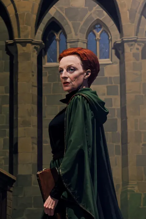 <lora:Minerva McGranitt:1> minerva, red hair, green cloak, standing in front of hogwarts