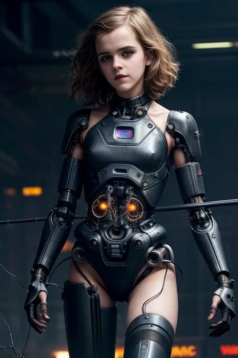 cute young girl, emma watson, in a cyberpunk setting, robotic, android, disjointed limbs, glistening metal limbs, creepy, unnatu...