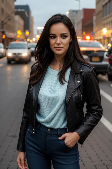 a woman in a blue sweater and black leather jacket standing on a city street