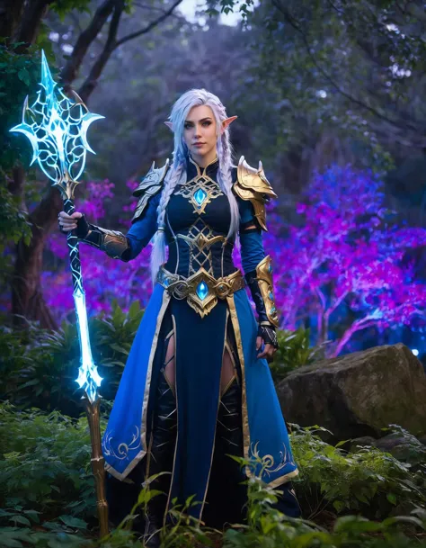 Foto cinematográfica (altura toda:1.3), Um bonito (((ah, mulher)))  Como um elfo noturno em World of Warcraft, vestindo majestoso, armadura ornamentada, parado em meio a um místico, floresta encantada com árvores centenárias, luz do luar filtrando através das folhas, segurando um bastão brilhante, Pronto para a batalha, cores vivas, alta resolução, Qualidade 8k, paisagem detalhada, pintura digital imersiva., inspirado em Krenz Cushart, neoísmo, pessoal, WLOP, animes idiotas,Um moicano lateral com ondas em cascata, o lado oposto adornado com um padrão de treliça de trancinhas apertadas.,  . Fotografia 35mm, film, Bokeh, profissional, 4K, Altamente detalhado