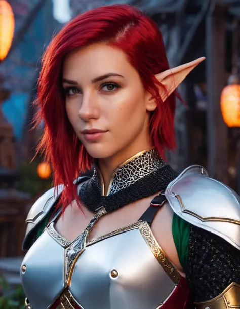 cinematic photo masterpiece, best quality, extremely detailed, intricate, elegant (((ohwx woman))) , cinematic, textured, detailed lighting, cute, half elf paladin, (short straight hair, red hair:1.15), (elf ears:1.13), (revealing armour:1.2) face focus, b...