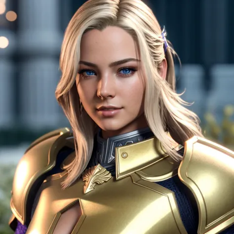 a close up of a woman in a gold armor outfit