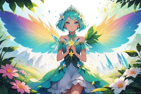1girl, Lush green meadow, flower fairy, sparkling wand, colorful flower fairy wings, crystal tiara, magical, facing viewer, (sym...