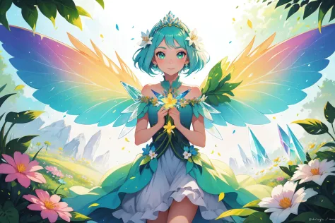 1girl, Lush green meadow, flower fairy, sparkling wand, colorful flower fairy wings, crystal tiara, magical, facing viewer, (symmetry:1.2),