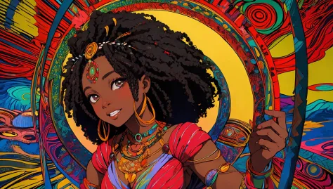 high quality, masterpiece, 1girl, African queen, afro, psychedelic