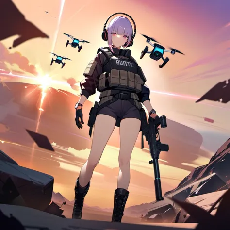 ((high quality)),((masterpiece)),8k,2girls,bulletproof vest,light rays,extremely detailed CG unity 8k wallpaper,game cg,looking at viewer,gloves,boots,full body,watch,computer,mask,drone,holding weapon,headphones,<lora:flat_color:1>,sunset,outdoors,