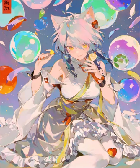 anime girl with cat ears sitting on the ground surrounded by balloons