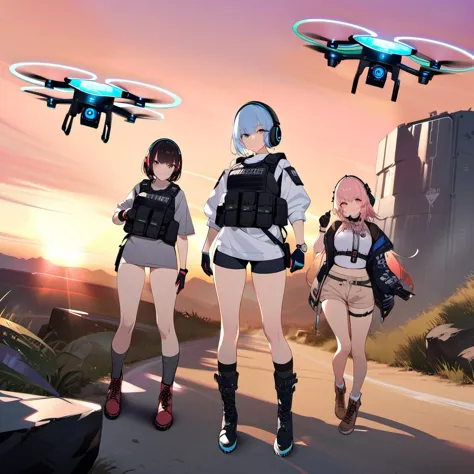 ((high quality)),((masterpiece)),8k,2girls,bulletproof vest,light rays,extremely detailed CG unity 8k wallpaper,game cg,looking at viewer,gloves,boots,full body,watch,computer,mask,drone,holding weapon,headphones,<lora:flat_color:1>,sunset,outdoors,