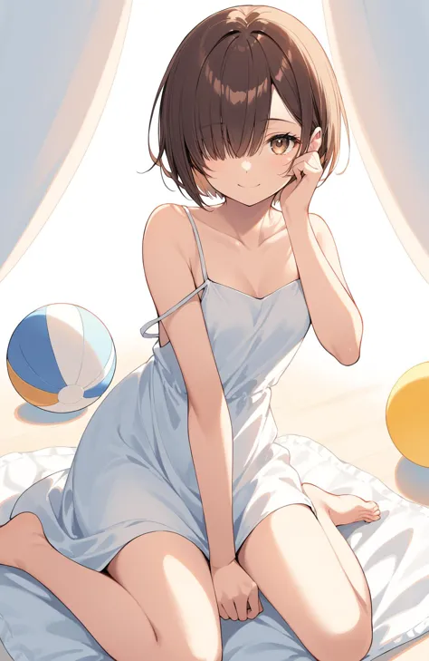 1girl,solo,short hair,barefoot,sitting,wariza,strap slip,dress,brown hair,hair over one eye,looking at viewer,collarbone,ball,white dress,rubbing eyes,brown eyes,breasts,bare shoulders,small breasts,closed mouth,smile,blanket,