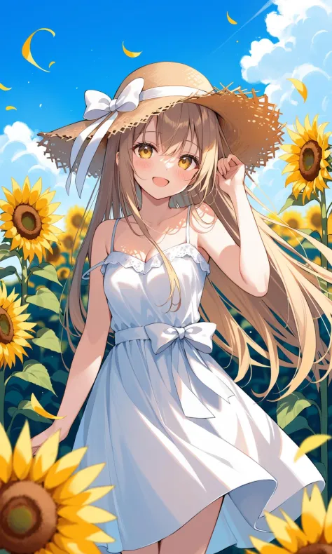 1girl, hat, sunflower, solo, flower, outdoors, long hair, smile, open mouth, day, looking at viewer, sleeveless, sky, yellow eyes, cloud, :d, petals, straw hat, bare shoulders, breasts, hand on headwear, white dress, dress, yellow flower, bangs, very long hair, collarbone, blue sky, blush, flower field, sun hat, bare arms, bow, field, brown headwear, small breasts, standing, sundress, arm up, skirt, hand up, white skirt, hat bow, cleavage, spaghetti strap, ribbon, blurry foreground, hat ribbon, white bow, blurry